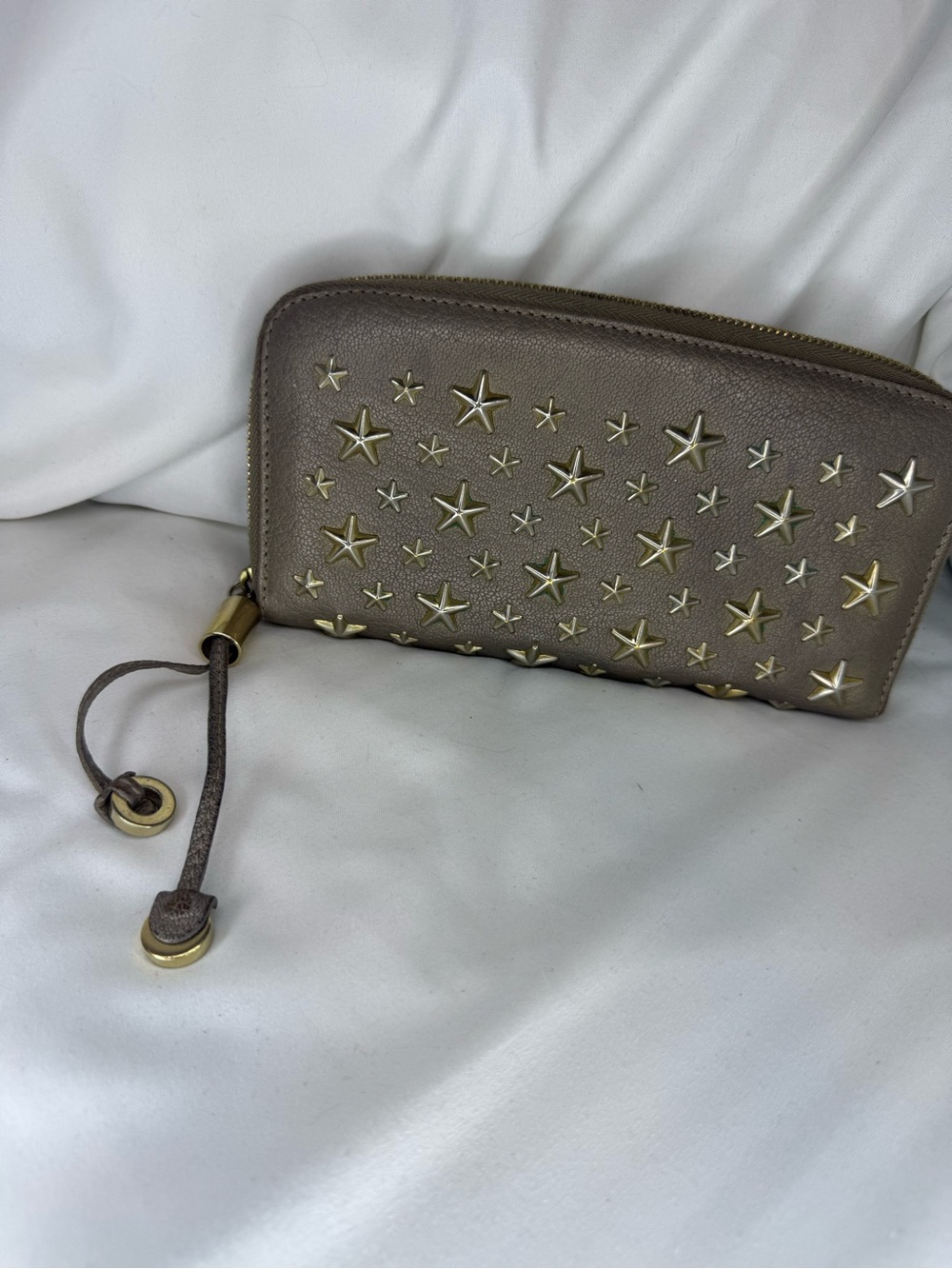 Jimmy Choo Taupe Star-Stud Zip Wallet with Gold Hardware